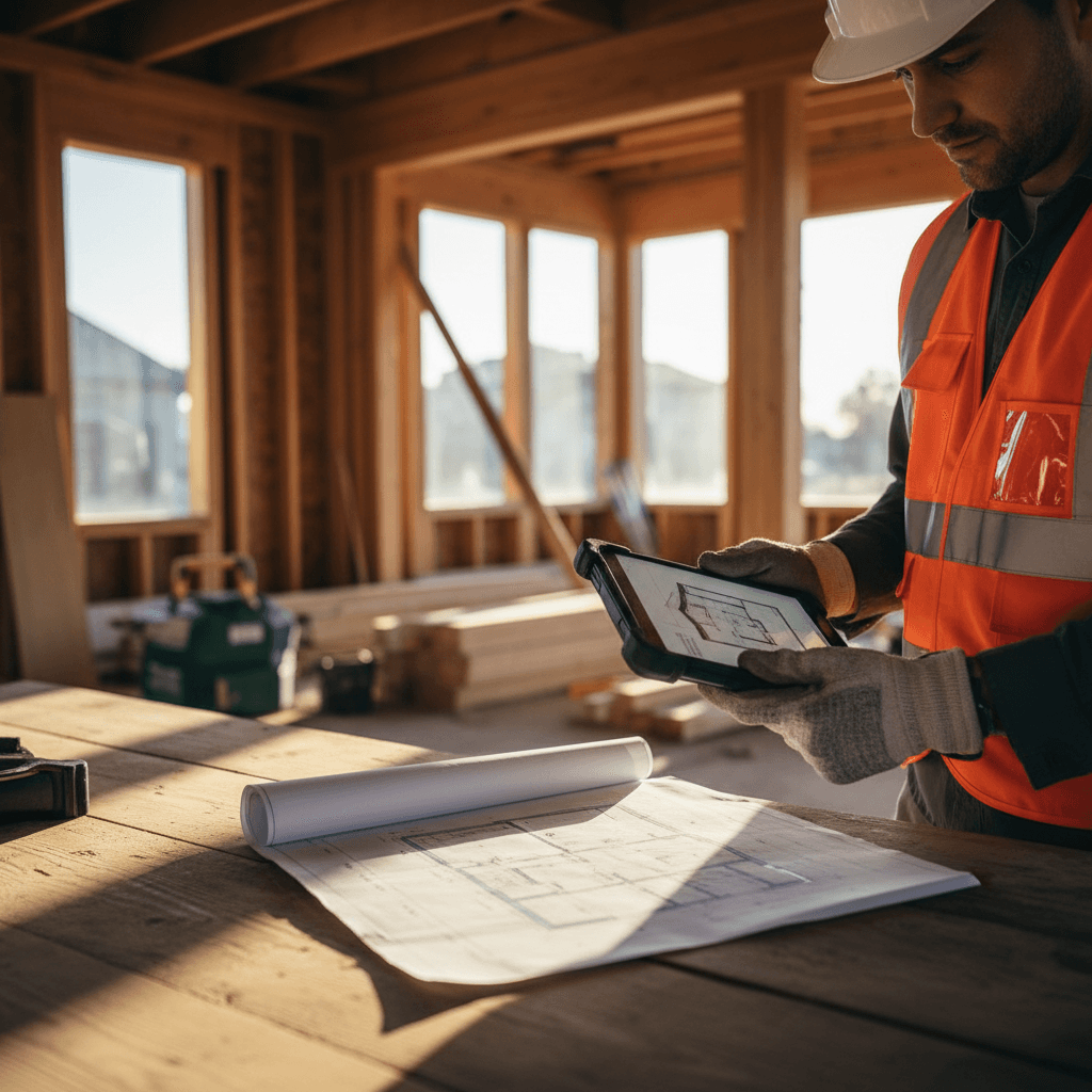 Electrician in workwear reviewing blueprints at a residential construction site in Montreal