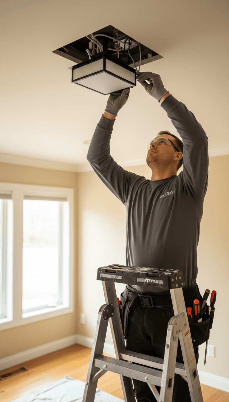electrician installing light fixture in new home